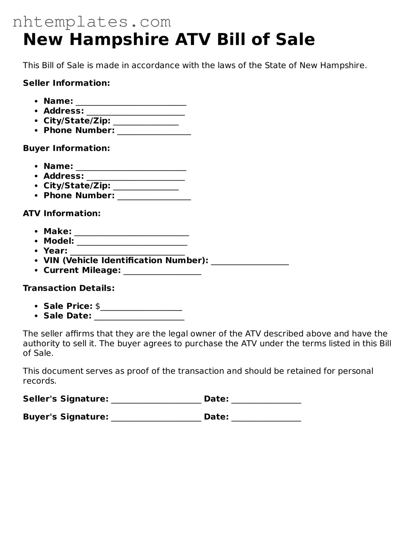 New Hampshire ATV Bill of Sale Form