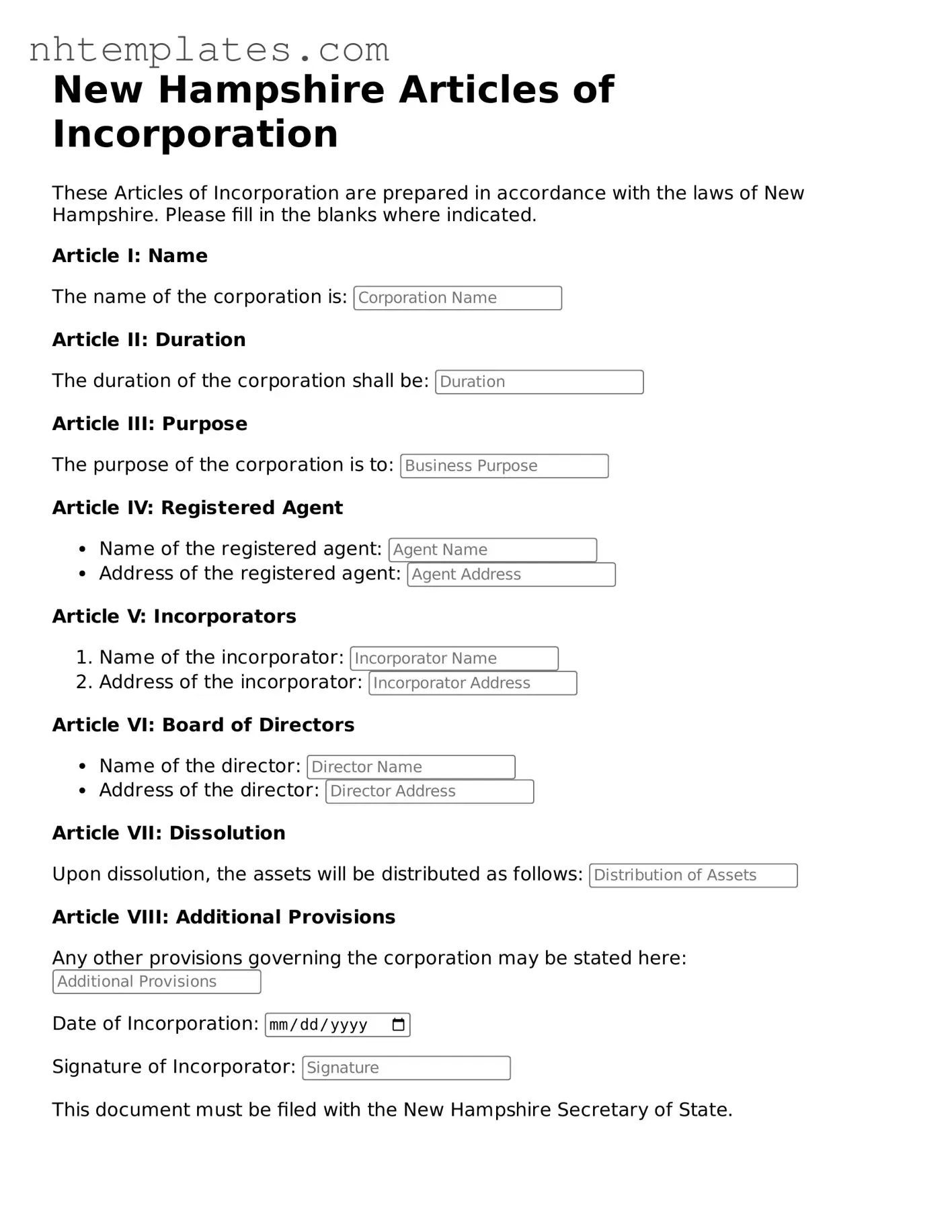 New Hampshire Articles of Incorporation Form