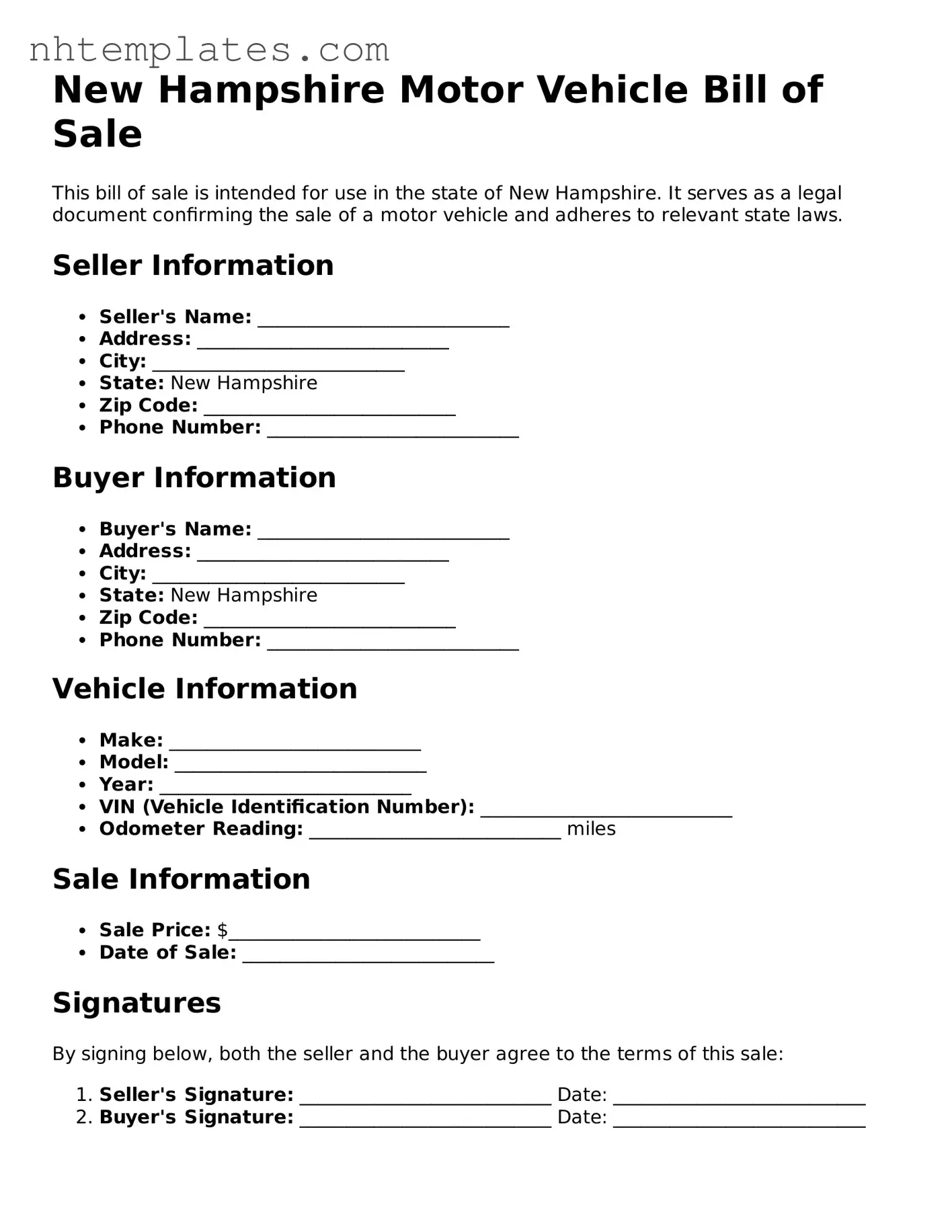 New Hampshire Motor Vehicle Bill of Sale Form