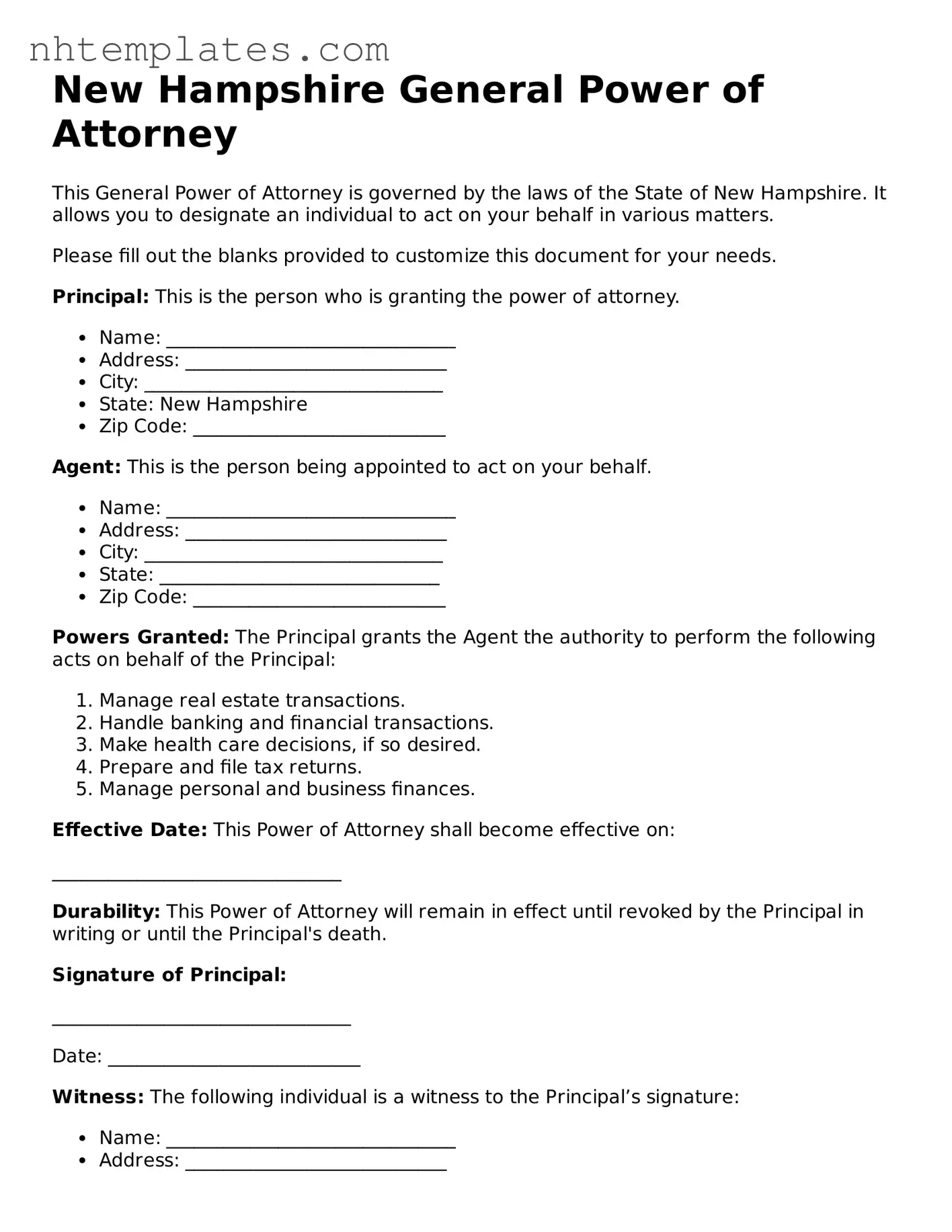 New Hampshire General Power of Attorney Form