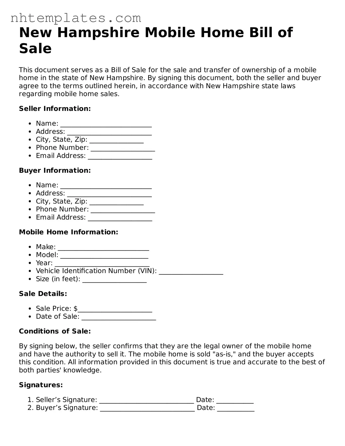 New Hampshire Mobile Home Bill of Sale Form