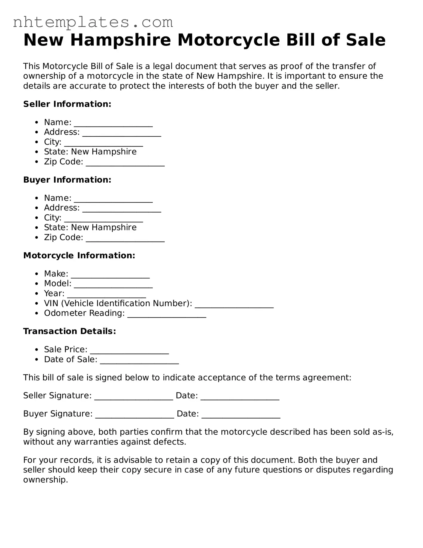 New Hampshire Motorcycle Bill of Sale Form