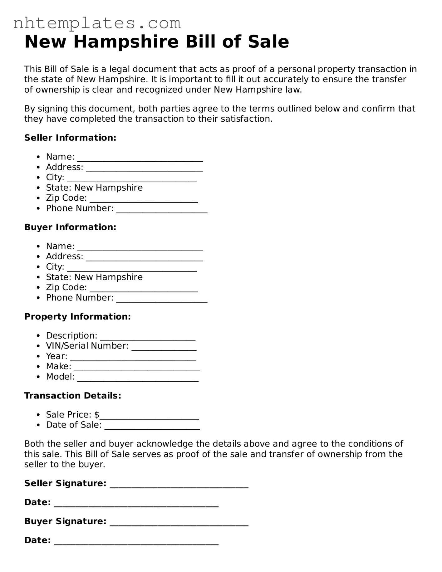 New Hampshire Bill of Sale Form