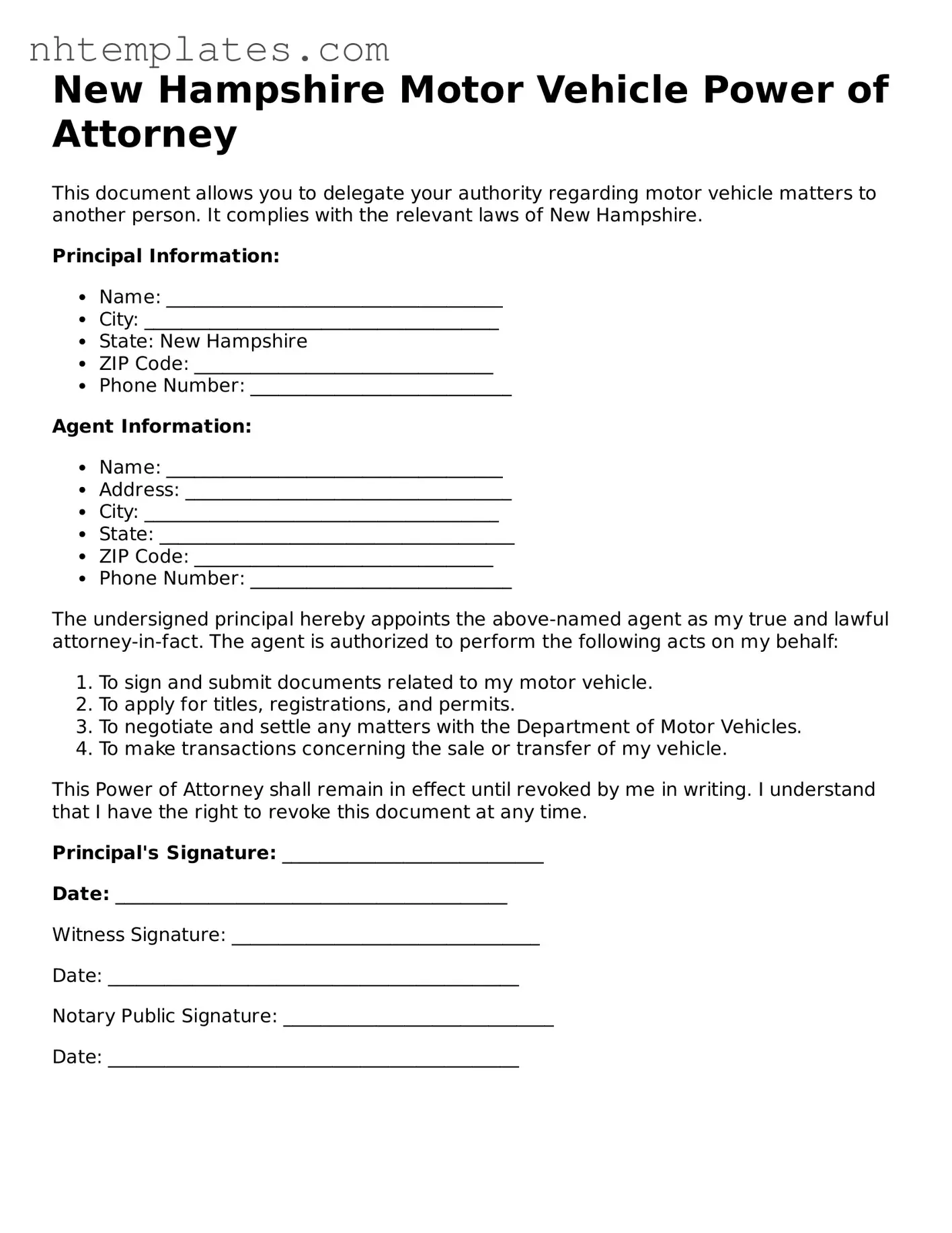 New Hampshire Motor Vehicle Power of Attorney Form
