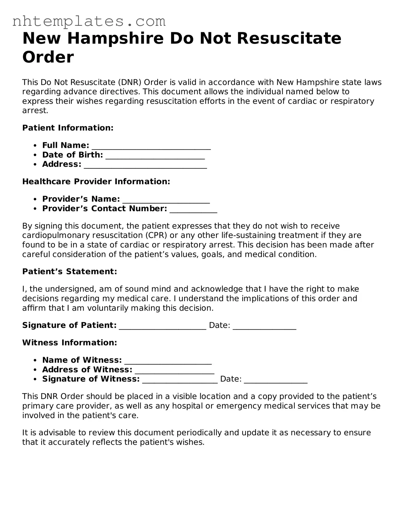 New Hampshire Do Not Resuscitate Order Form