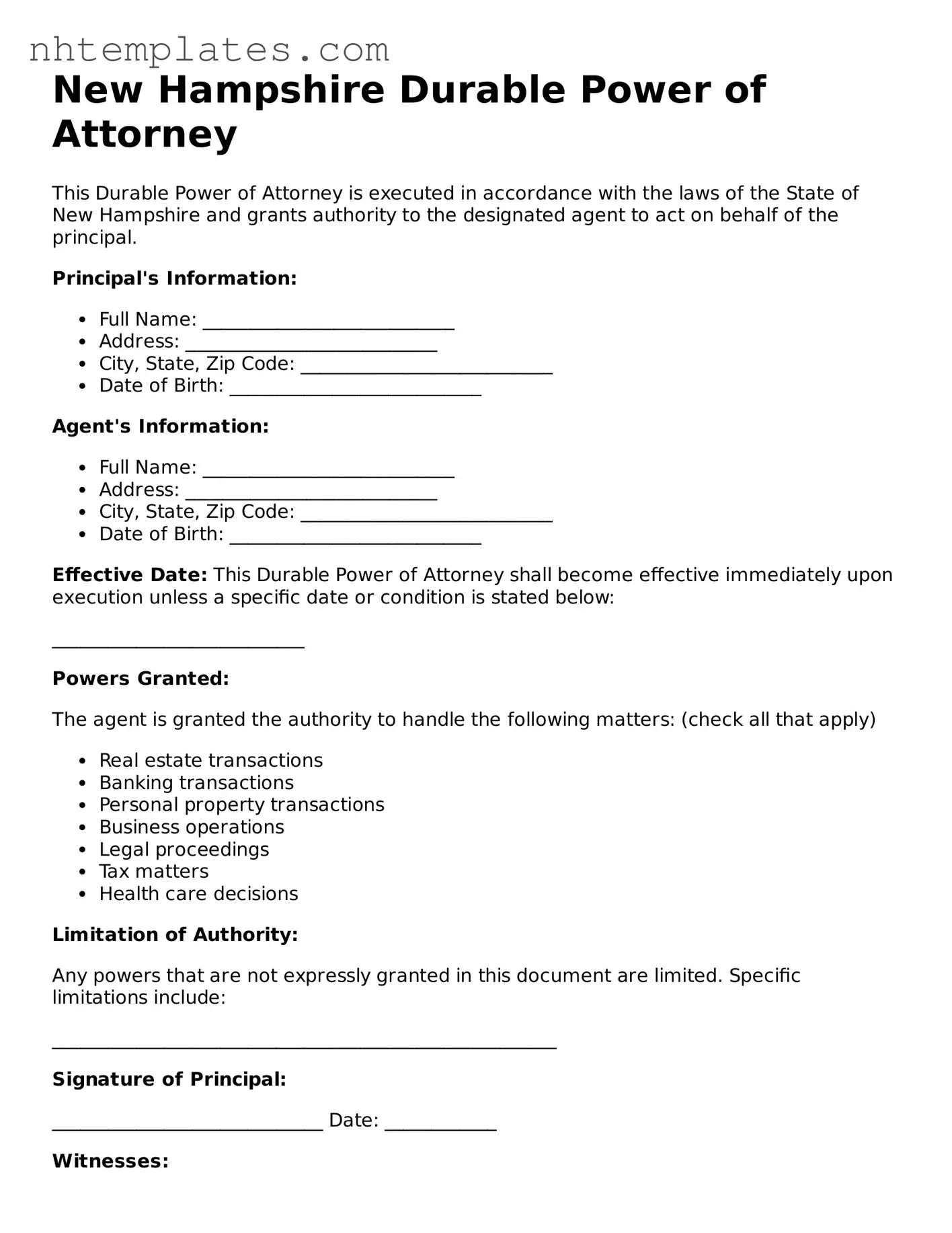 New Hampshire Durable Power of Attorney Form