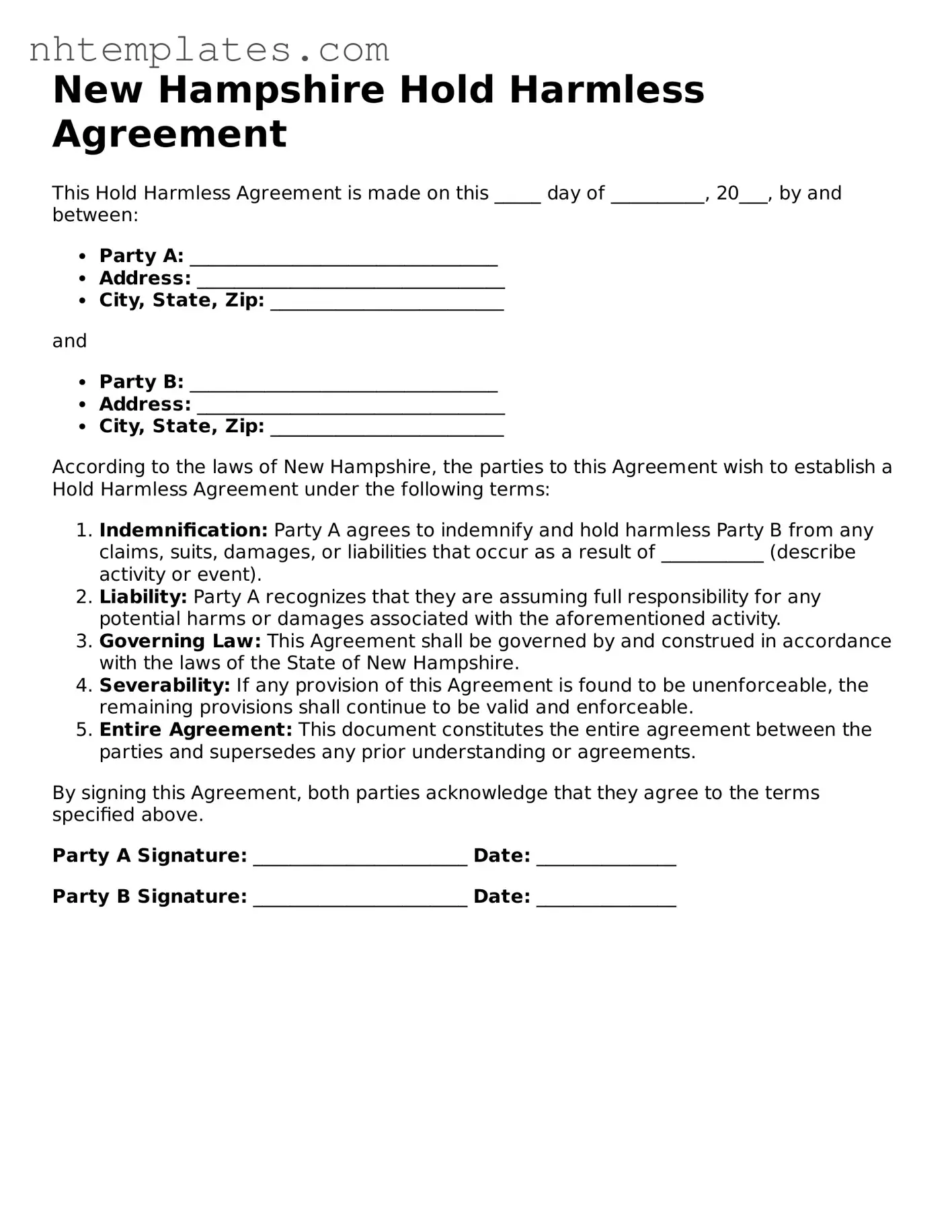 New Hampshire Hold Harmless Agreement Form