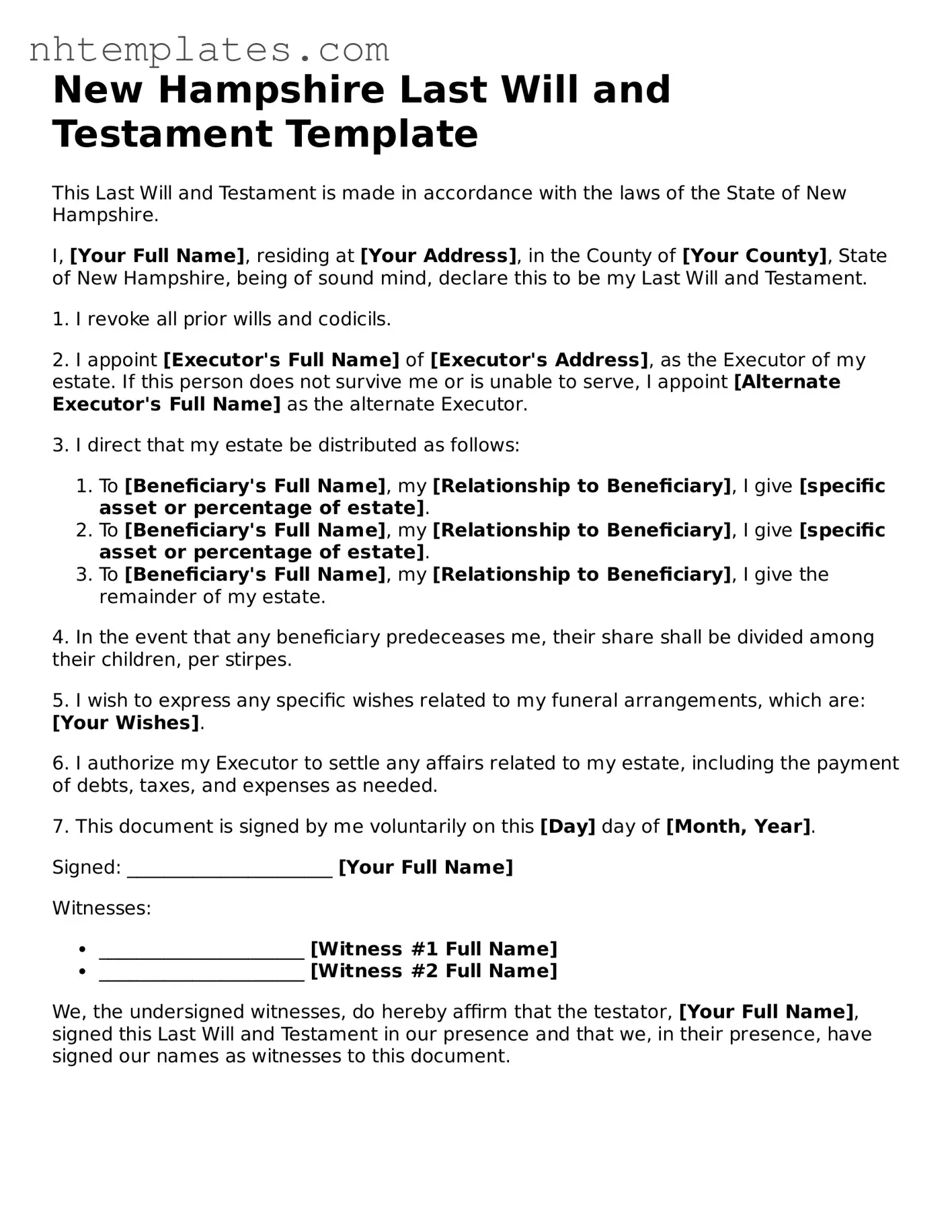 New Hampshire Last Will and Testament Form