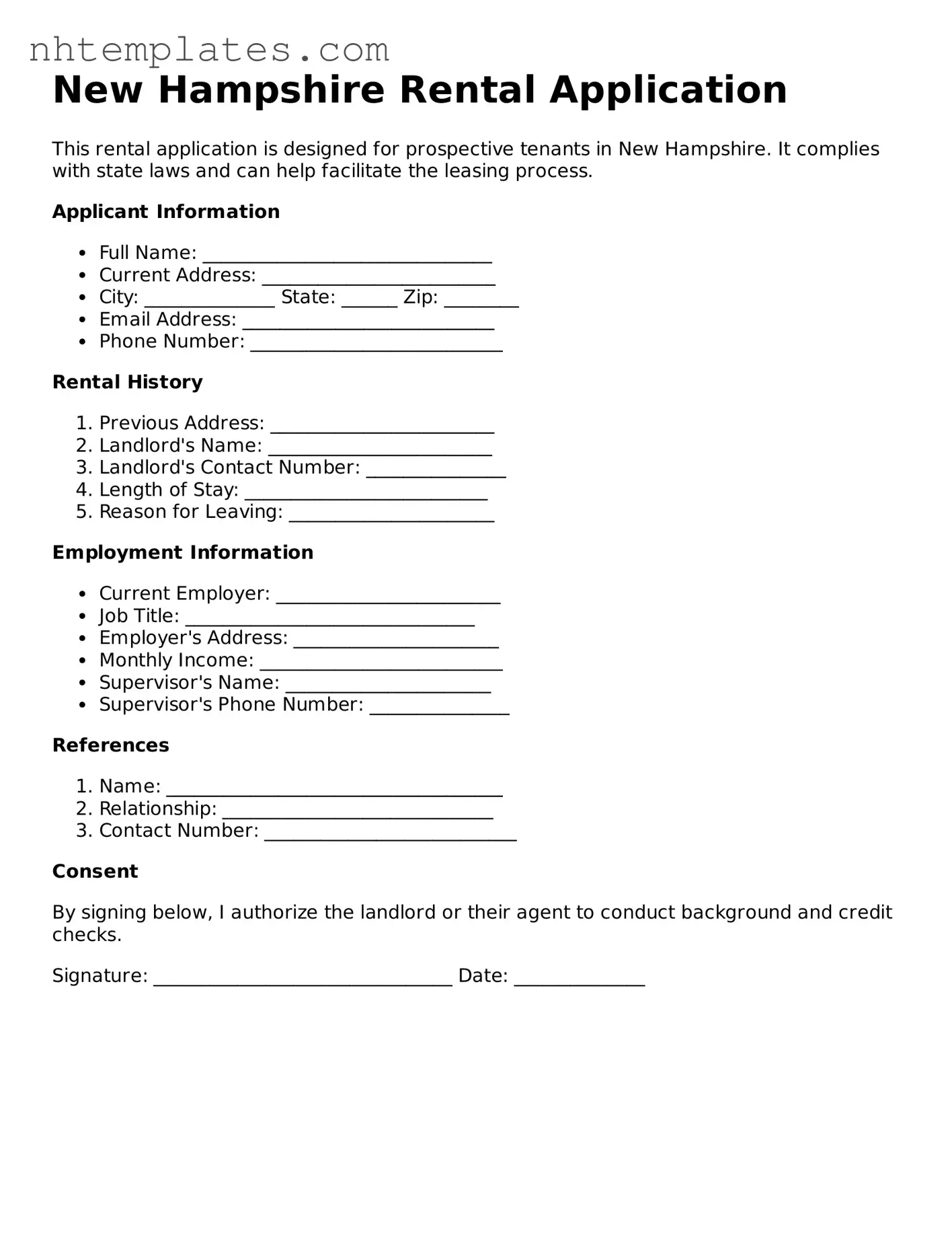 New Hampshire Rental Application Form