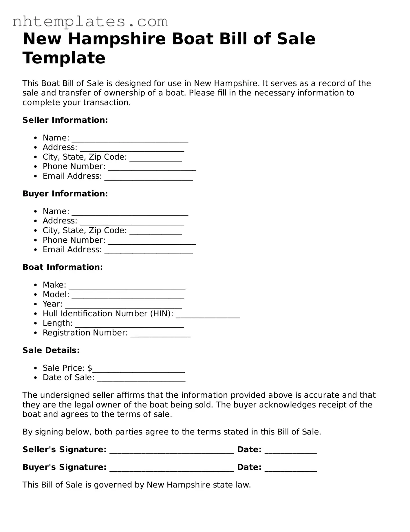 New Hampshire Boat Bill of Sale Form
