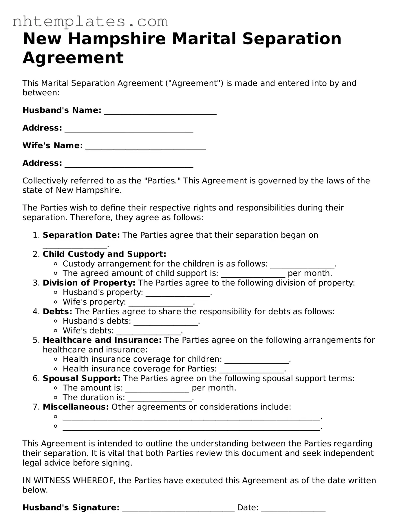 New Hampshire Marital Separation Agreement Form