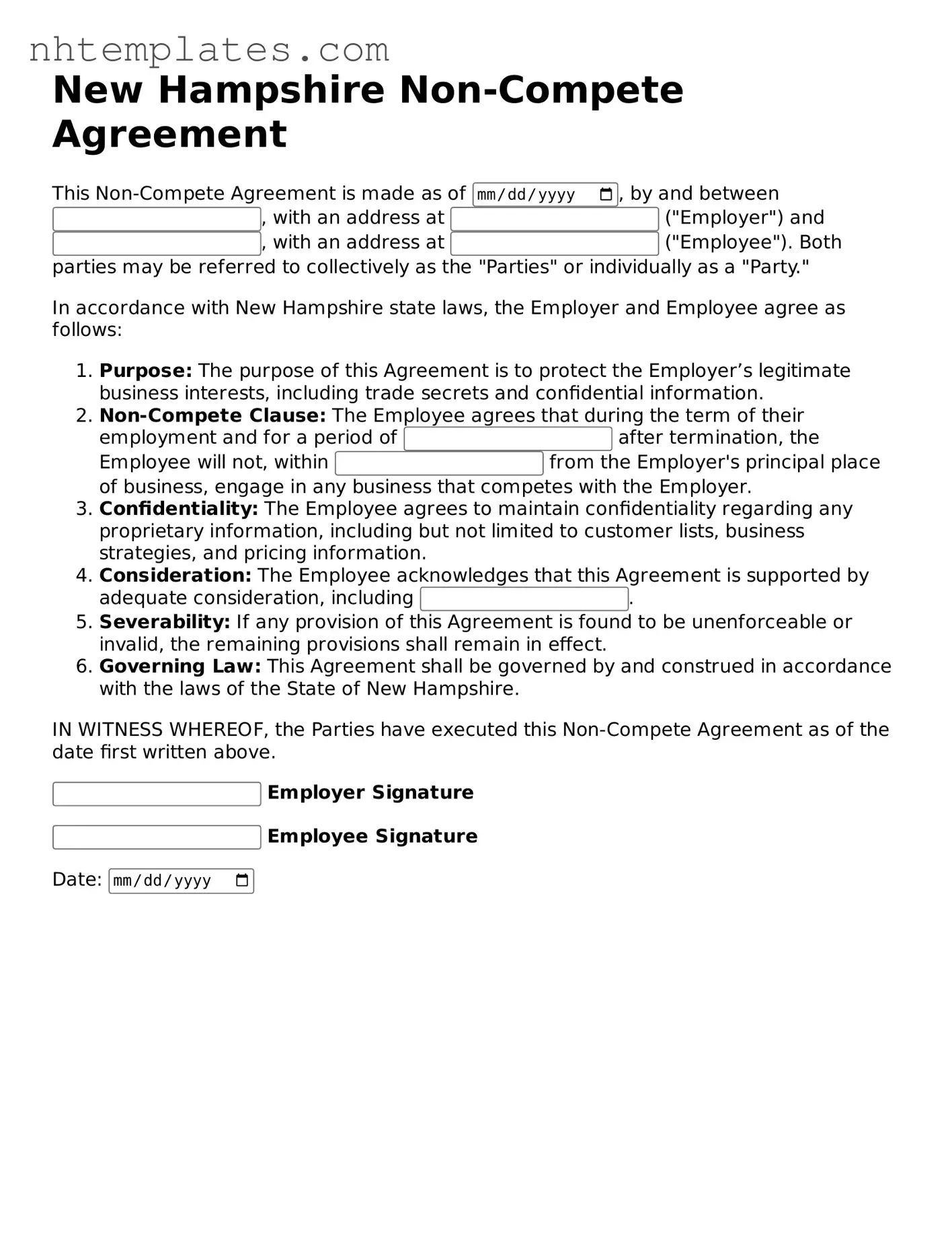New Hampshire Non-compete Agreement Form