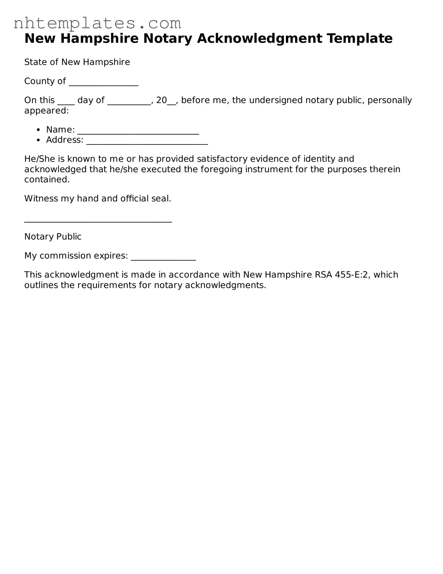 New Hampshire Notary Acknowledgement Form