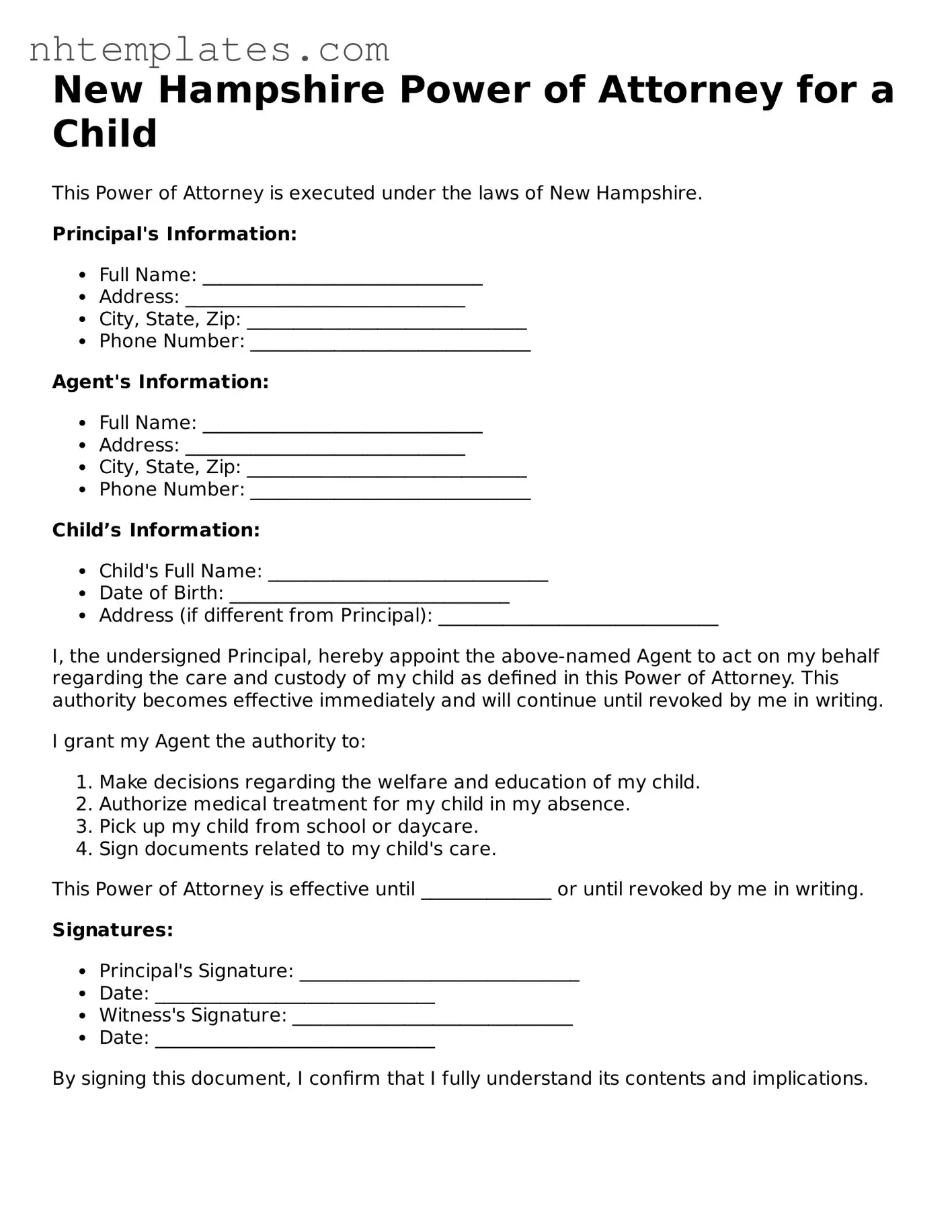 New Hampshire Power of Attorney for a Child Form