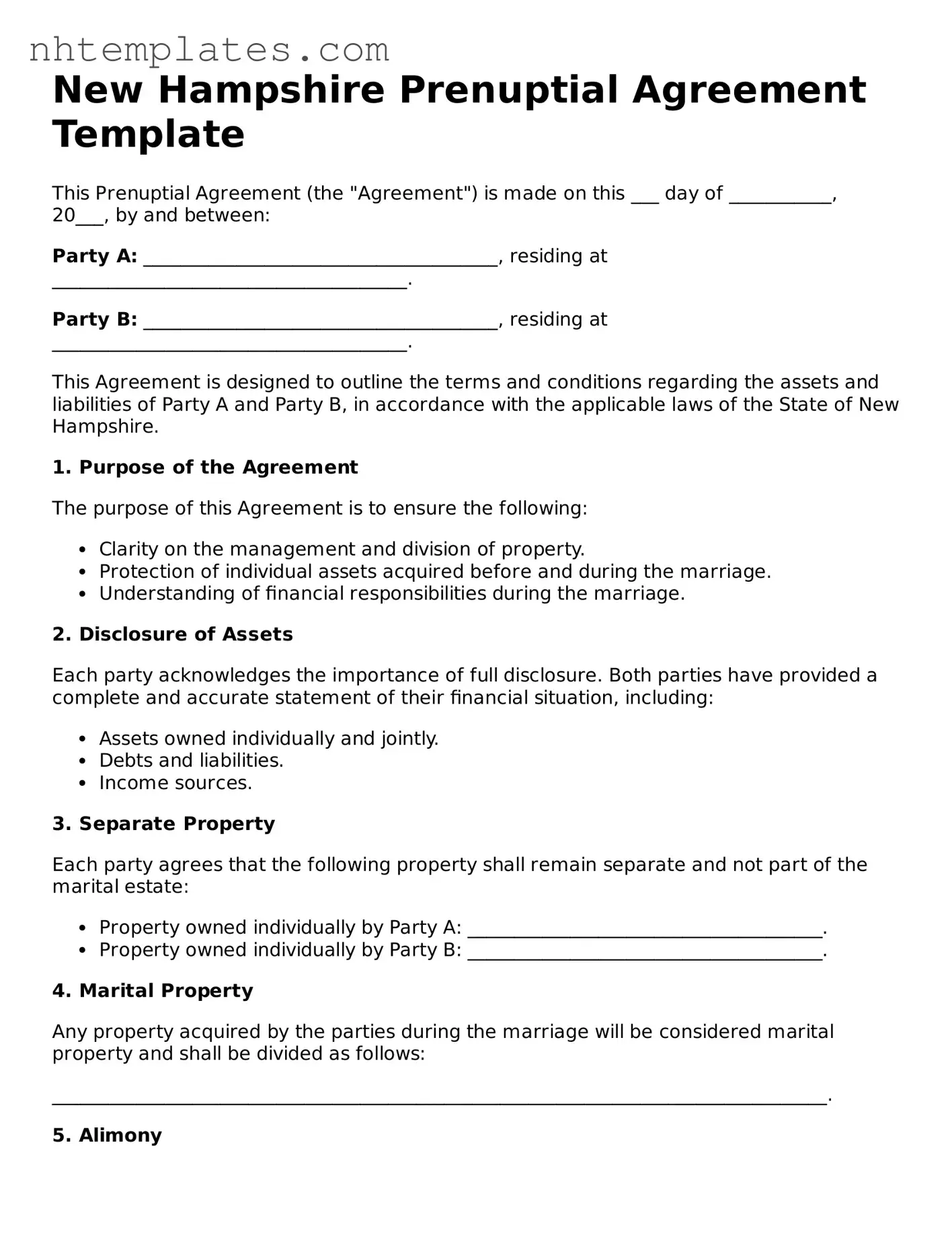 New Hampshire Prenuptial Agreement Form