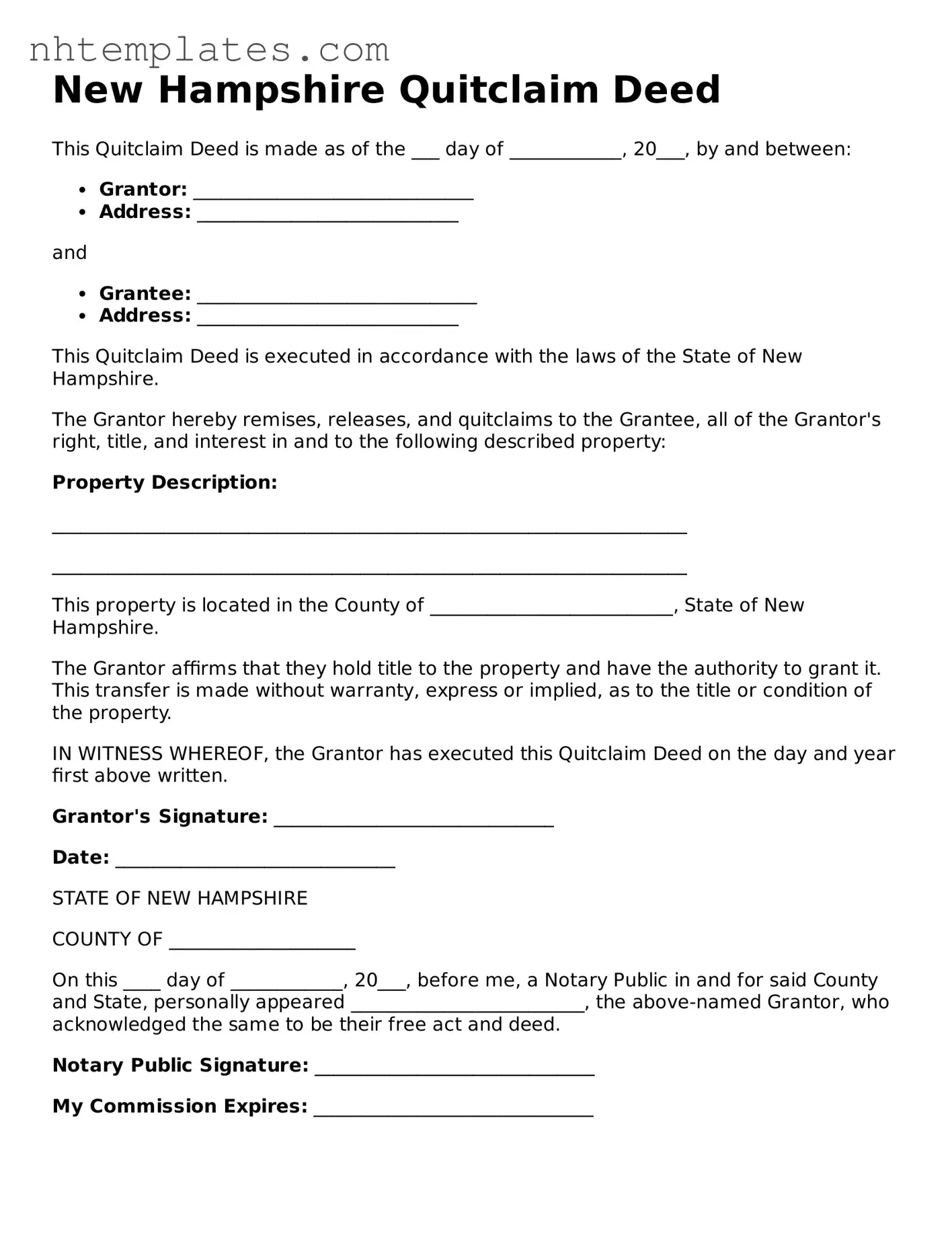 New Hampshire Quitclaim Deed Form