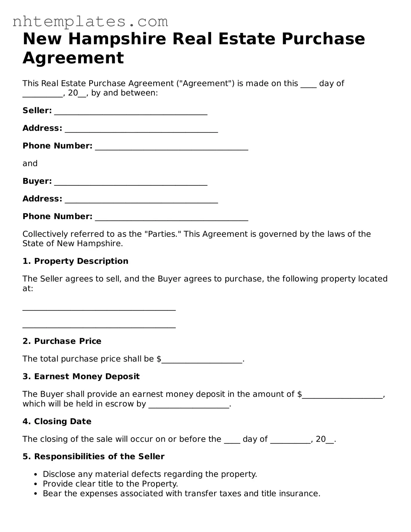New Hampshire Real Estate Purchase Agreement Form