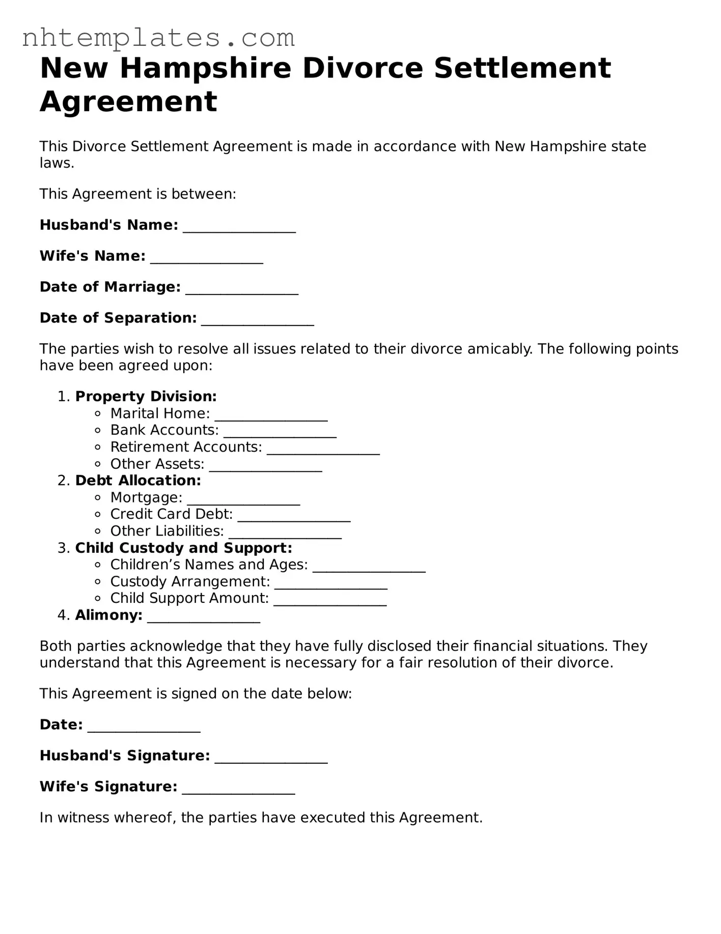 New Hampshire Divorce Settlement Agreement Form