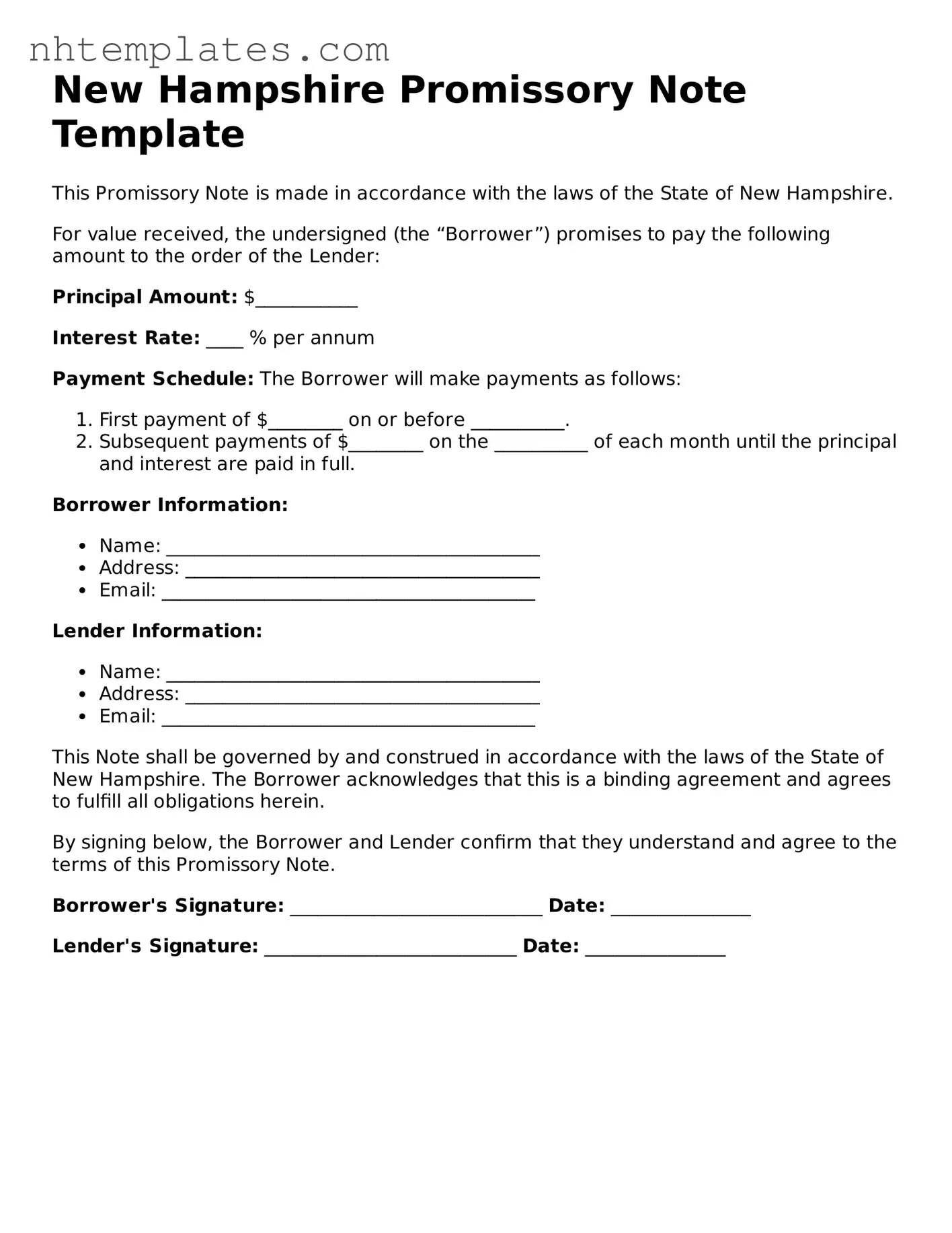 New Hampshire Promissory Note Form