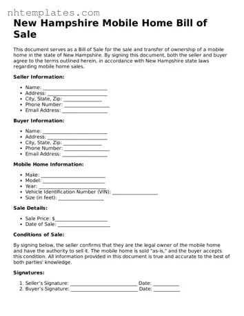 New Hampshire Mobile Home Bill of Sale Form